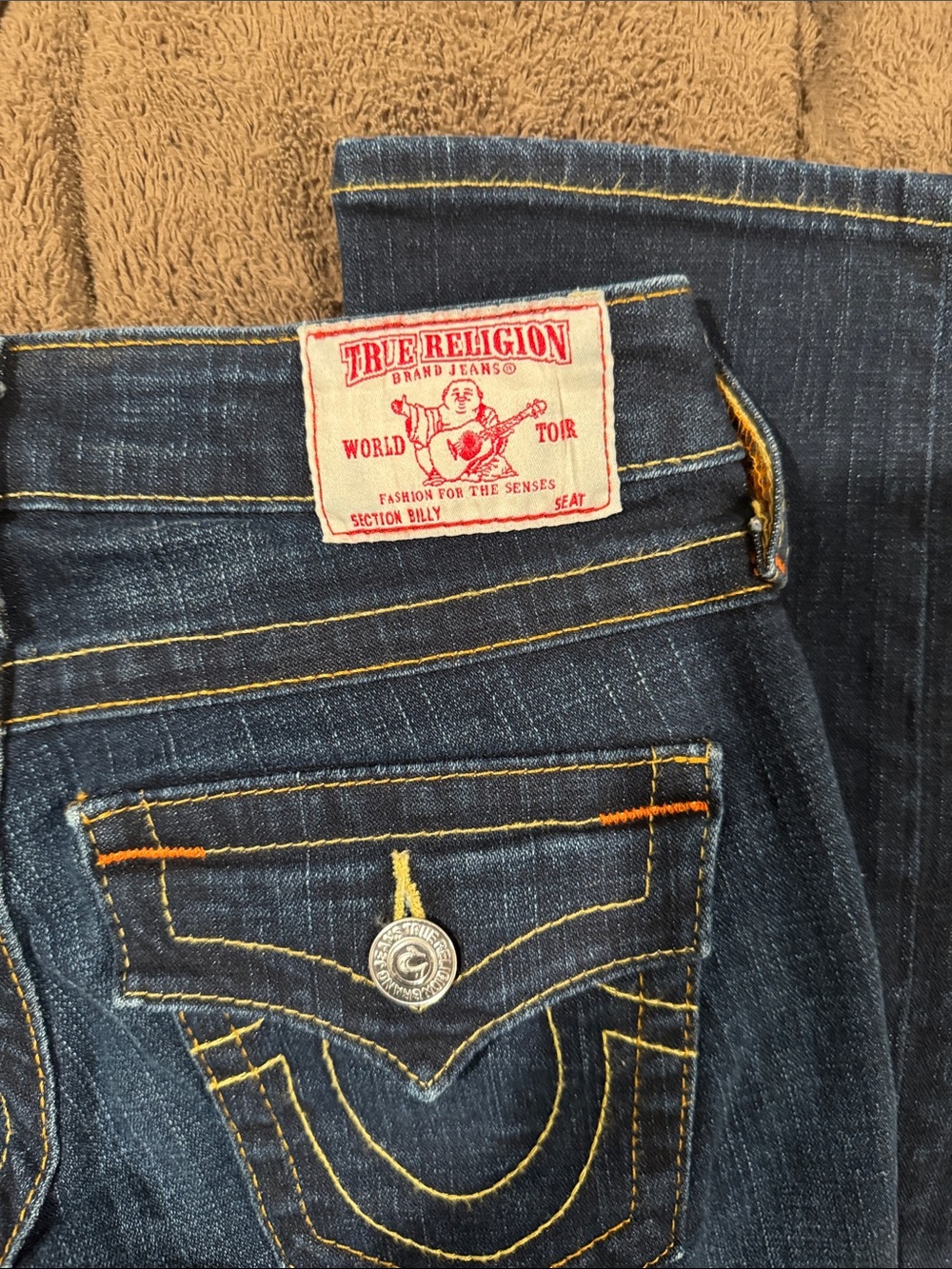 True Religion Women's Dark Blue Bootcut Jeans with Yellow Stitching sz4 w26